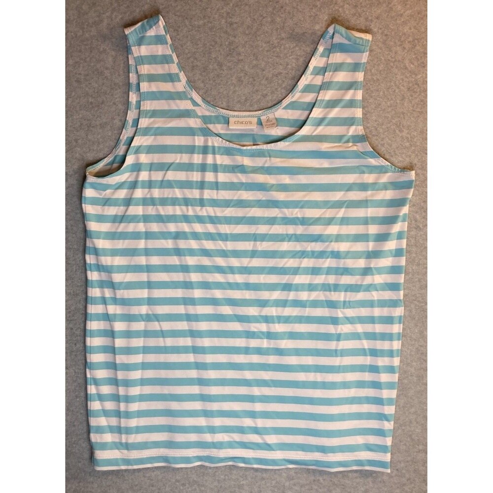 Chicos Sz 2 Tank Top Stretch Stripe Summer Pool Beach Coastal